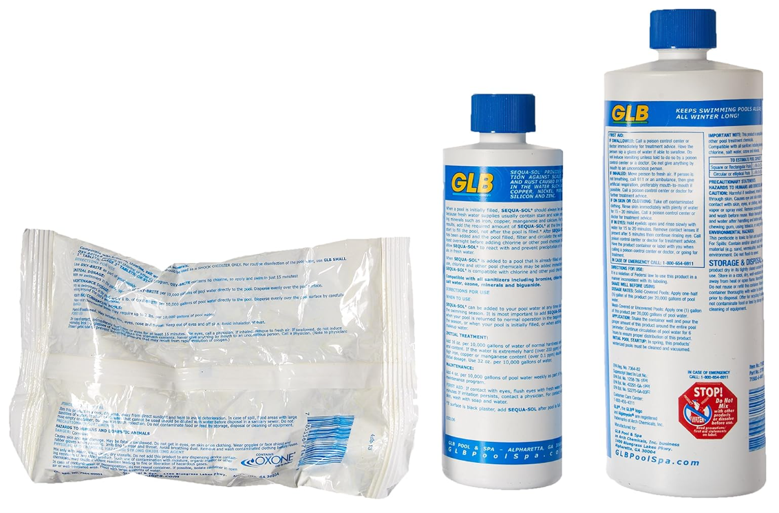 The GLB Pool Closing Kit (71502) by GLB includes two tall bottles with blue caps and one clear plastic bag—perfect for winter maintenance of pools up to 12,000 gallons.