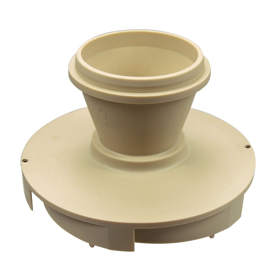 The Pentair WhisperFlo Diffuser Assembly | 072927Z, a beige plastic part by Pentair for IntelliFlo I2, has a wide base, cylindrical top, and flared midsection with four evenly spaced slots at the base.