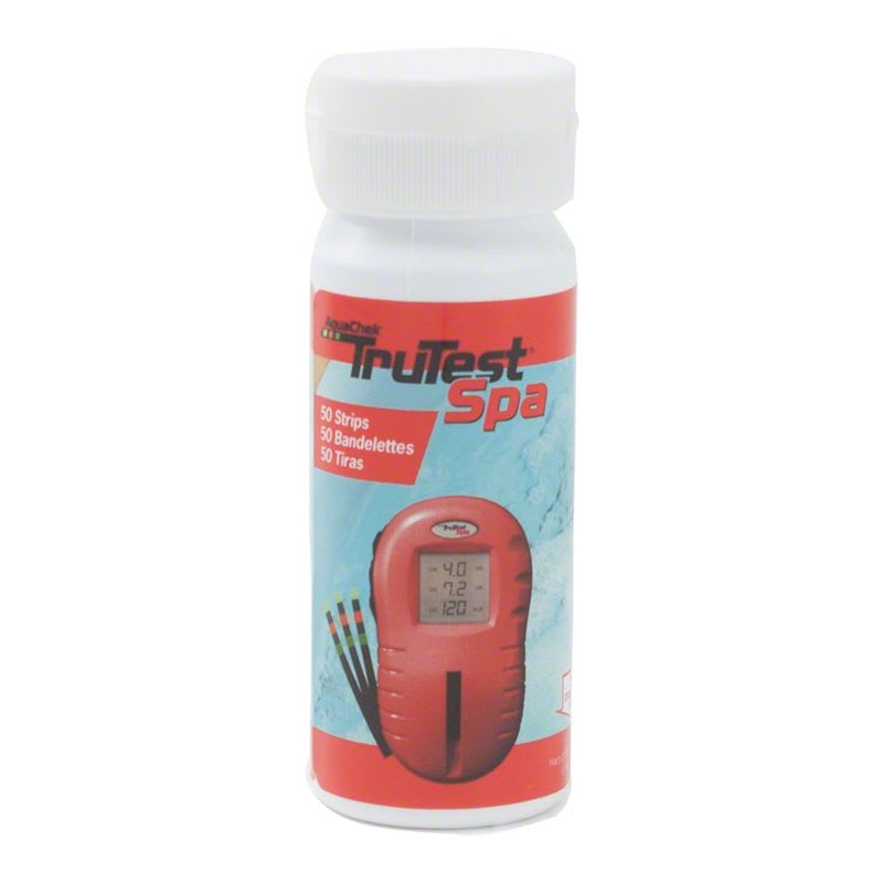AquaChek TruTest Spa Refill Test Strips (50 per bottle, product 522255) feature a red label with an image of a digital tester and four strips, providing accuracy and ease for spa care routines through precise digital readouts.