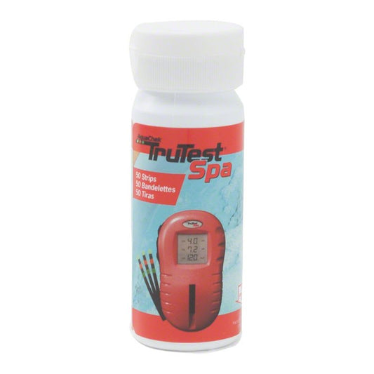 AquaChek TruTest Spa Refill Test Strips (50 per bottle, product 522255) feature a red label with an image of a digital tester and four strips, providing accuracy and ease for spa care routines through precise digital readouts.