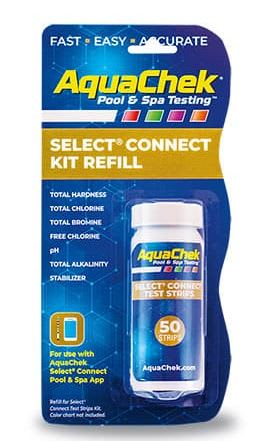The AquaChek Select Connect 7-in-1 Refill Test Strips (541640APP) by AquaChek includes 50 strips for accurate pool and spa water analysis, measuring total chlorine, bromine levels, and alkalinity.