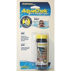 AquaChek White Salt Titrator Tests (561141A) by AquaChek accurately measure salt levels in pools and spas with salt generators. Includes 10 test strips in a convenient blister pack with yellow-capped bottle and blue labeling.