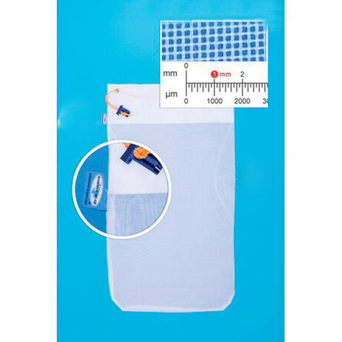 The Hammerhead Standard Mesh Bag w/ Cleat, 100 Microns (HH1506) by Pool Goods is displayed against a blue backdrop, featuring a pocket and a close-up of the grid pattern with measuring scales in millimeters and micrometers.