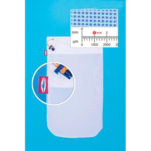 The Hammerhead Super Fine Bag Complete w/ Cleat, 80 Microns (HH1508) by Pool Goods is shown against a blue background with an inset highlighting its 80-micron mesh grid pattern next to a millimeter ruler for scale.