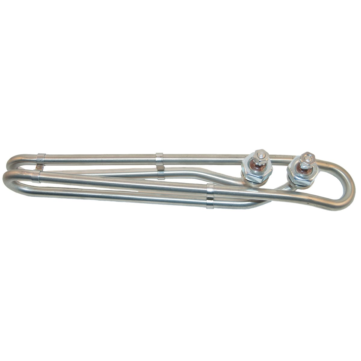 The HydroMINUSQuip 10" Incoloy Universal Flo-Thru Heater Element 5.5Kw 240V (12-0100-K) features a tubular metal design with two terminals, ideal for water heaters and appliances.