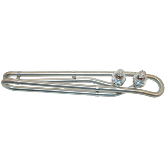 The HydroMINUSQuip 10" Incoloy Universal Flo-Thru Heater Element 5.5Kw 240V (12-0100-K) features a tubular metal design with two terminals, ideal for water heaters and appliances.