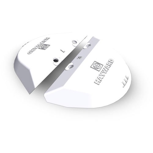 Two white, semi-circular plastic covers with "HAYWARD" logos and holes, positioned side by side, shown as the Hayward Navigator Pool VAC Wing Kit (AXV604WHP) by HAYWARD.