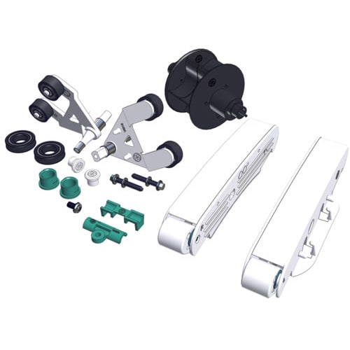 Illustration of Hayward AXV621417WHP A-Frame/Pod Combo Tune-Up Kit parts, showcasing wheels, brackets, screws, and hinges with v-flex technology. Components are disassembled against a plain background.