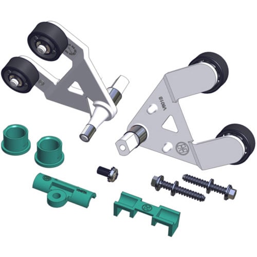 The Hayward Pool VAC Navigator Universal A-Frame Kit (AXV621D) by HAYWARD includes two metal brackets with wheels, green bushings, connectors, and assorted screws and bolts arranged on a white background.