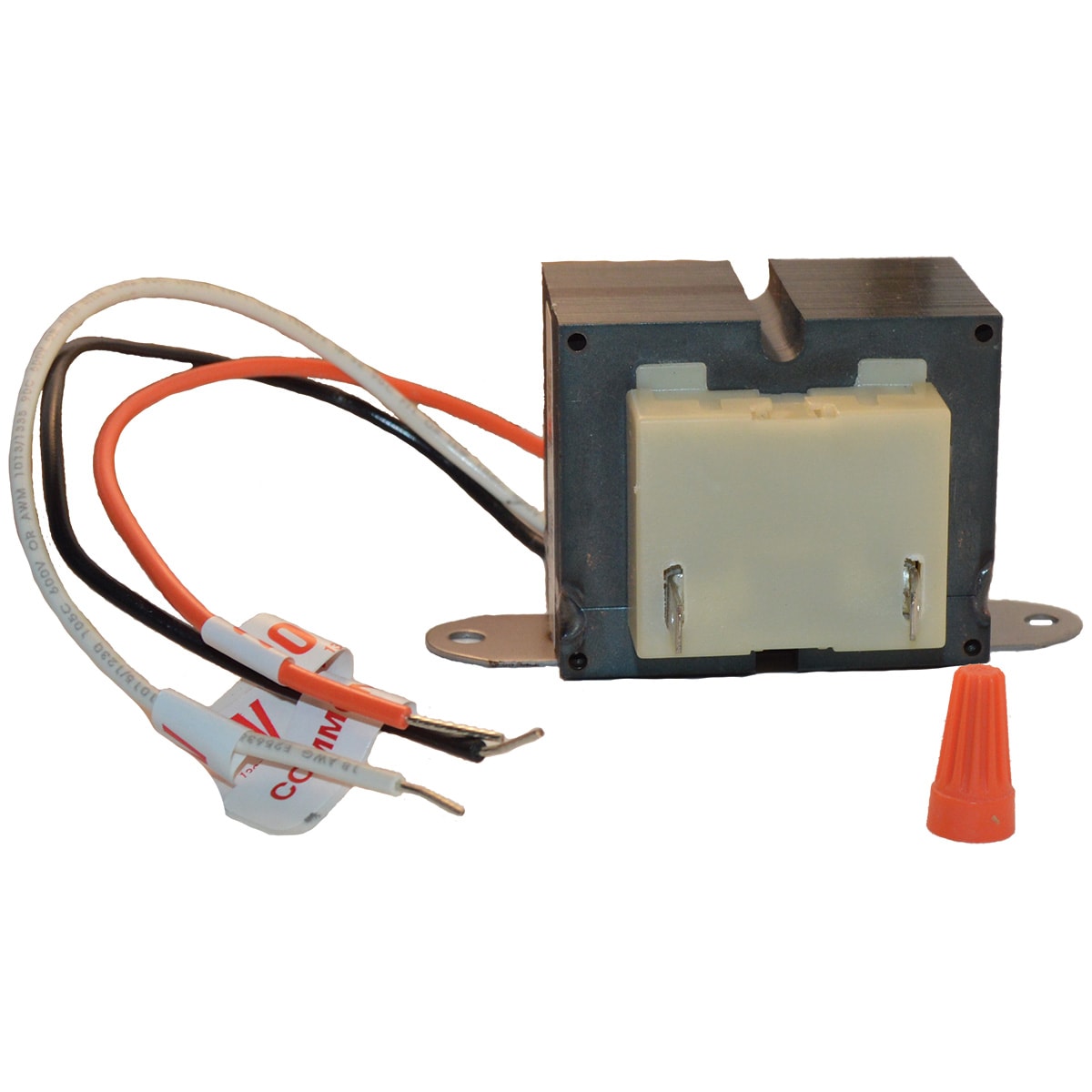 The Hayward H-Series Pool Heater Dual Voltage Transformer (CHXTRF1930) by HAYWARD features labeled white and black wire leads with stripped ends, an orange wire connector, and is compatible with 120V/240V systems.