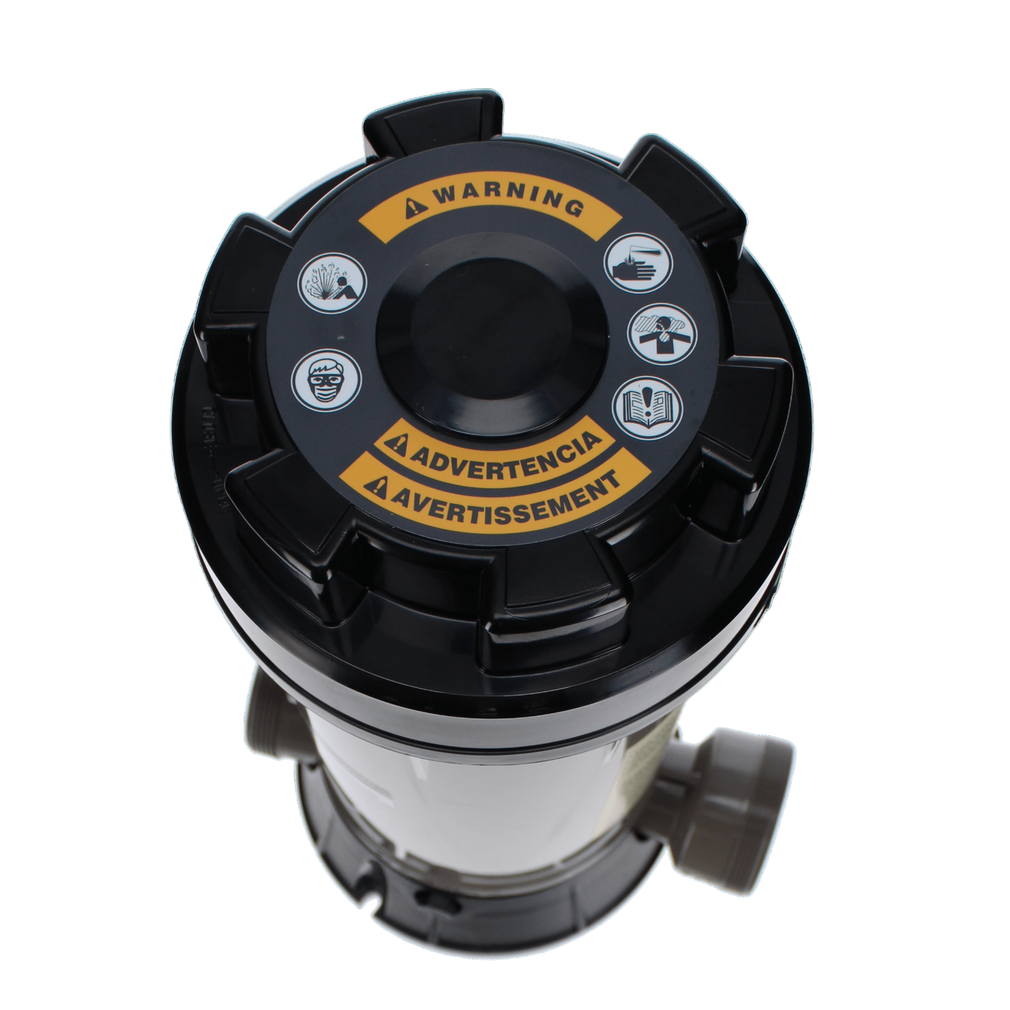 The Hayward CL200 Automatic Chlorinator features a cylindrical housing with a black lid and multilingual warning icons. It's essential for pool construction, effectively housing brominators or automatic chlorinators to ensure safe water treatment.