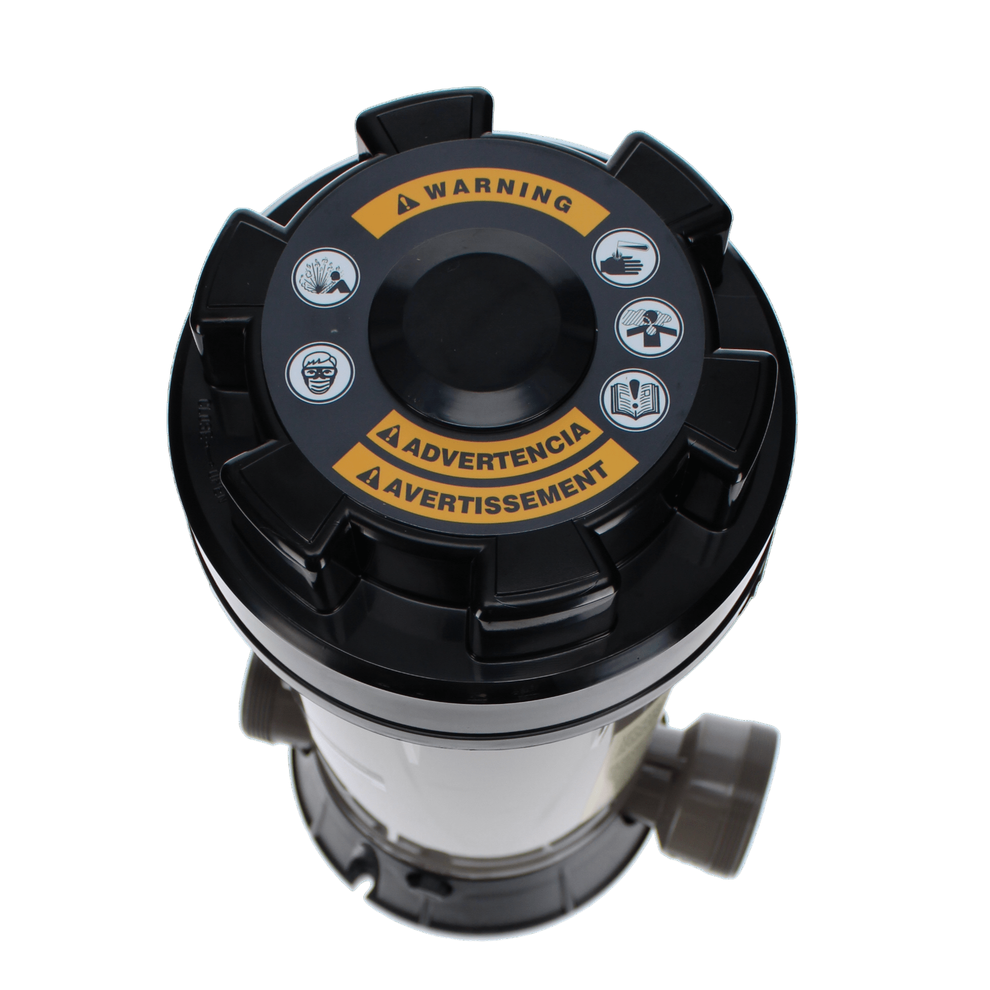 The Hayward CL200 Automatic Chlorinator features a cylindrical housing with a black lid and multilingual warning icons. It's essential for pool construction, effectively housing brominators or automatic chlorinators to ensure safe water treatment.