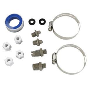 The Hayward CL220 Accessory Pak (CLX220PAK) by HAYWARD includes hose clamps, Teflon tape, washers, nuts, and fittings—ideal for pool maintenance and installation of brominators or automatic chlorinators. Displayed on a white background.