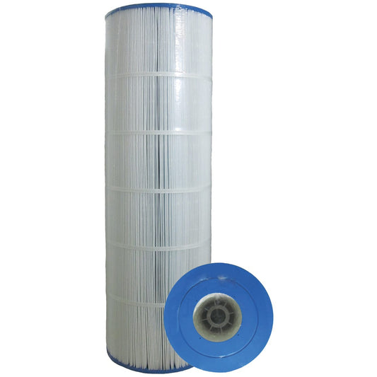 The Hayward C1750 Replacement Cartridge Element | CX1750RE, designed by HAYWARD, is a cylindrical pool filter with a blue plastic top and bottom made from premium materials, shown upright with a bottom view.