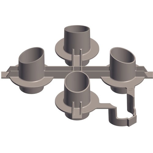 The Hayward Cartridge Mounting Plate (CX3030D) by HAYWARD is a gray plastic sprue featuring four cylindrical caps and a connecting frame, commonly used as assembly parts for commercial filter cartridges.