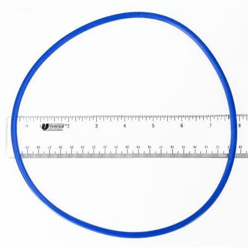 A Hayward NorthStar/EasyClear Cover O-Ring (CX400G) by HAYWARD is displayed next to a clear 12-inch ruler on a white background, shaped like a cartridge filter used in pressure washing systems.