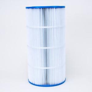 The Hayward C900 Replacement Cartridge Element, model CX900RE, is a cylindrical, pleated white pool filter cartridge with blue end caps made of premium materials for high-quality performance, positioned upright on a plain white background.