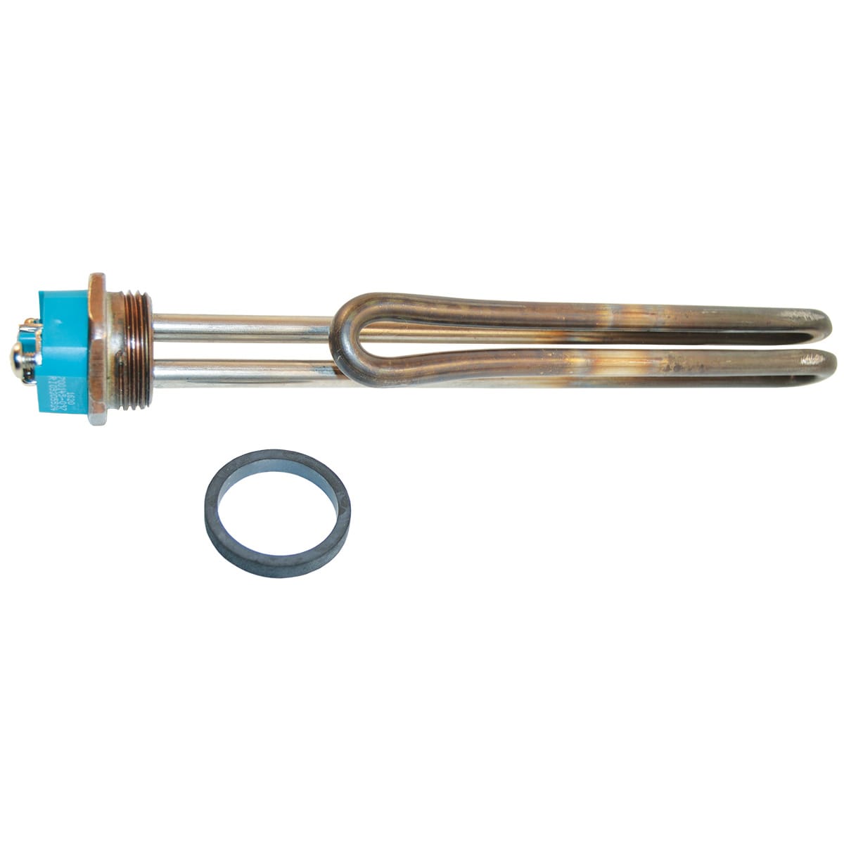 The Hayward C-Spa Heater Electric Heating Element (CZXELE7623) delivers 5.5kW at 240V, featuring two U-shaped metal rods with a blue connector and a circular black rubber gasket.