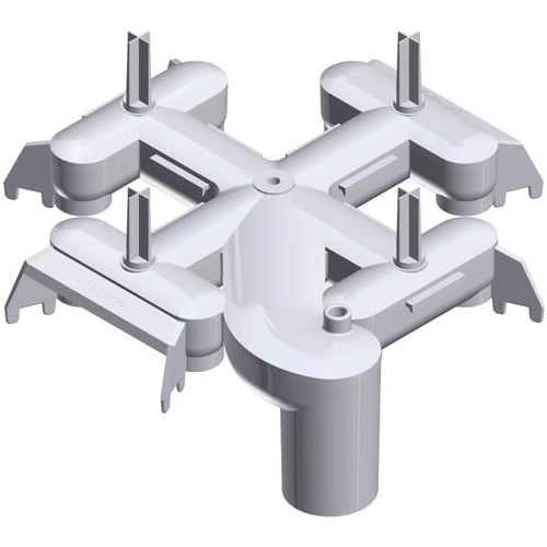 3D render of the Hayward Top Collector Manifold DEX2400C, a white, symmetrical plastic component by HAYWARD, featuring four extended arms and vertical ridges.