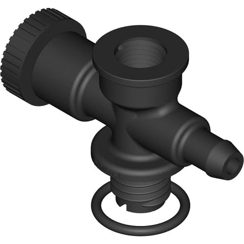 3D-rendered image of the Hayward Relief Valve/Gauge Adapter Assembly (DEX2400S) by HAYWARD, featuring a black body, threaded connector, circular handle, and O-ring at the base.