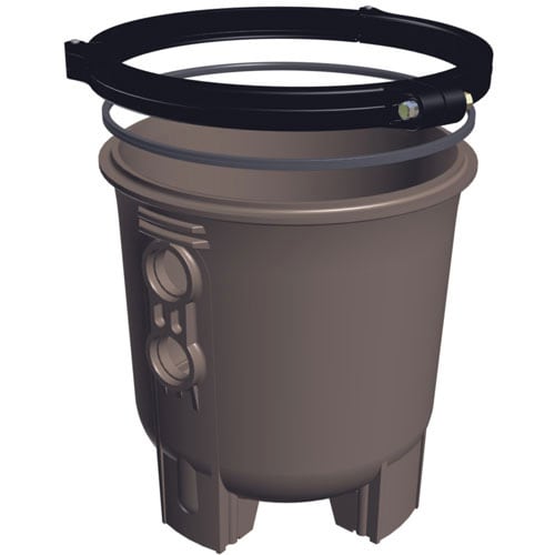 A 3D rendering of the Hayward Lower Filter Body w/ Clamp (DEX2420ATC) by HAYWARD, featuring a round, gray plastic body with a black metal handle and reinforced side supports.