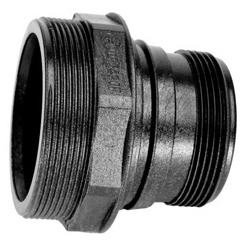 Close-up of a Hayward Bulkhead Fitting | DEX2420F featuring a black threaded design with ridges and a hexagonal section by HAYWARD.
