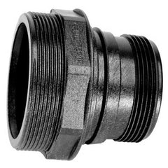 Close-up of a Hayward Bulkhead Fitting | DEX2420F featuring a black threaded design with ridges and a hexagonal section by HAYWARD.