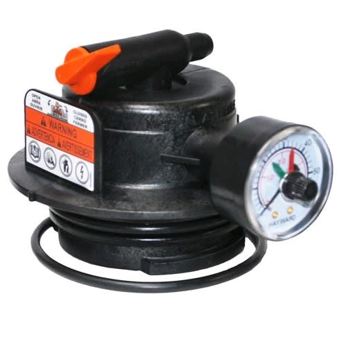 Hayward Manual Air Relief Assembly | DEX2420MAR2 by HAYWARD features a black regulator with a gauge, warning labels, and an orange adjustment knob.