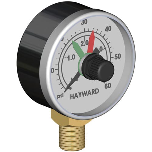 Illustration of a Hayward Boxed Pressure Gauge w/ Dial (ECX271261) featuring a black casing, showing psi readings from 0 to 60, with the needle at 2 psi, mounted on a brass connector. Brand: HAYWARD.