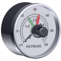 The Hayward Boxed Pressure Gauge (ECX2712B1) features a black outer casing, round dial displaying psi and bar measurements, green and red indicators, with "Hayward" printed at the bottom.