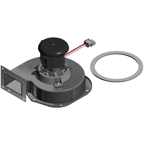 The HAYWARD Hayward Combustion Blower Kit (FDXLBWR1930) is a metal blower fan assembly with motor, wiring, and a circular gasket for Universal H-Series energy efficient pool or gas heaters.