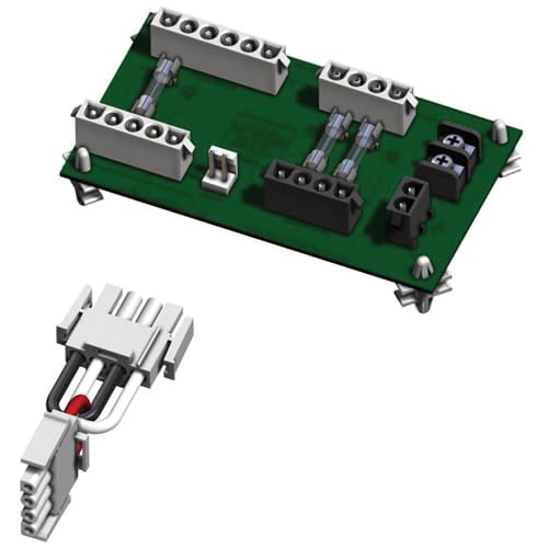 The Hayward H-Series FD Pool Heater Field Wiring Panel Kit (FDXLFWP1930) by HAYWARD features a green circuit board with white and black terminal connectors and a separate wired connector, designed for Universal Low NOx pool heaters.