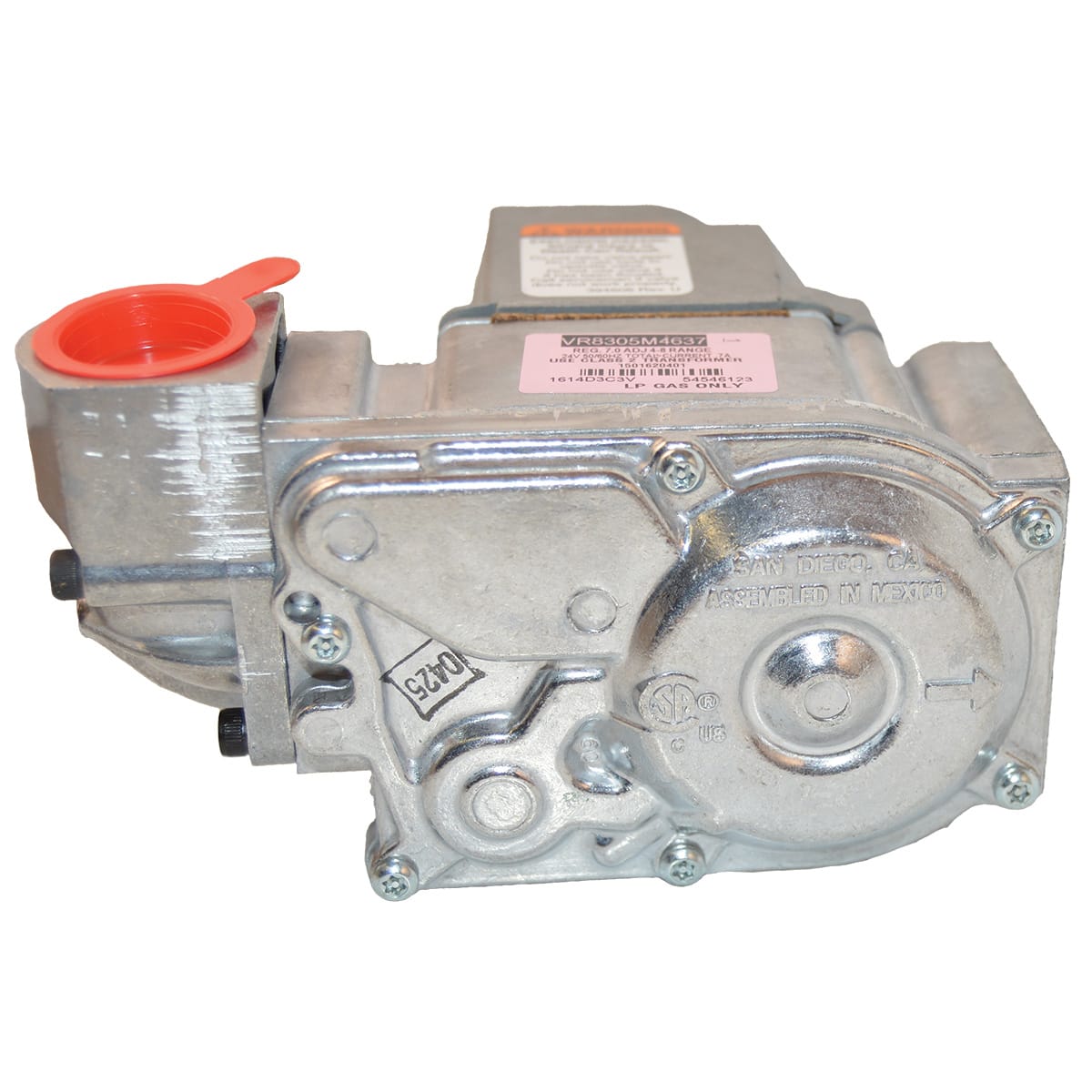 Close-up of a metal industrial component with a red cap and bolts, similar to the Hayward H-Series FD Heater Propane Gas Valve (FDXLGSV0002). It has labels and engraved markings on its surface, like those typically found on propane gas valves.