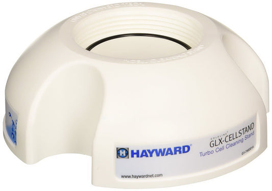 The Hayward Turbo Cell Cleaning Stand (GLX-CELLSTAND), in a primarily white design with brand labeling, is expertly crafted for AquaRite systems to maintain salt cells in pools.