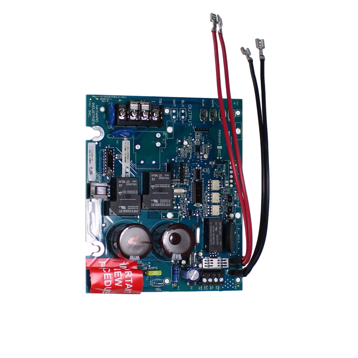 Close-up of a Hayward Aqua Rite Main PCB | GLX-PCB-RITE by HAYWARD, featuring components like capacitors, resistors, and relays. Three colored cables are attached at the top.