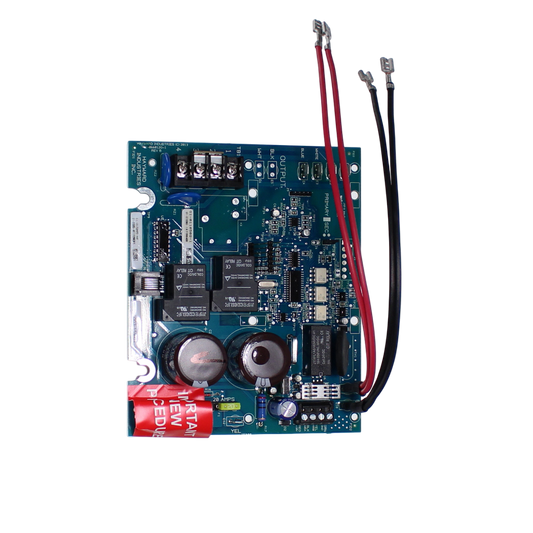 Close-up of a Hayward Aqua Rite Main PCB | GLX-PCB-RITE by HAYWARD, featuring components like capacitors, resistors, and relays. Three colored cables are attached at the top.