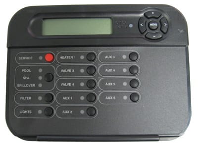 The Hayward ProLogic PS8 Local Display (GLX-PL-LOC-PS8) by HAYWARD is a black pool and spa control panel featuring a display screen, round navigation buttons, and labeled buttons for heater, filter, valves, and lights.