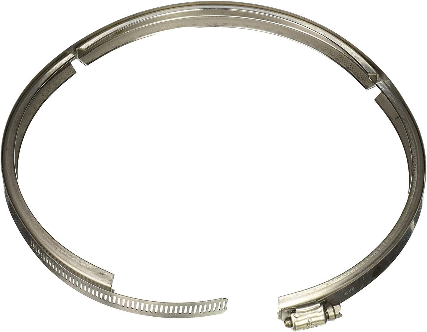 The Hayward Valve Clamp SS (GMX600N) by HAYWARD is a stainless steel hose clamp with a worm gear, shown in an open circular position against a white background—ideal for securing hoses in sand filter or backwashing maintenance.