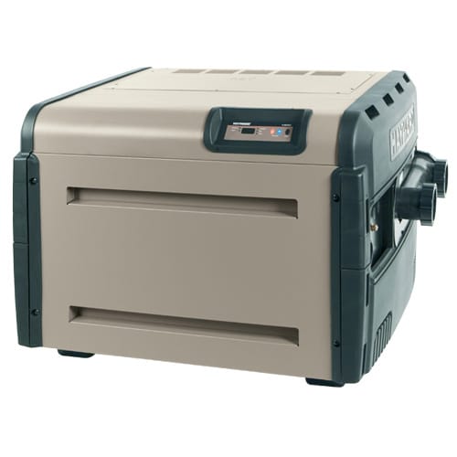 The Hayward H-Series Heater Control Bezel Assembly (HAXCPA1932) by HAYWARD is a rectangular beige and black unit featuring a control panel and two side pipe connections.