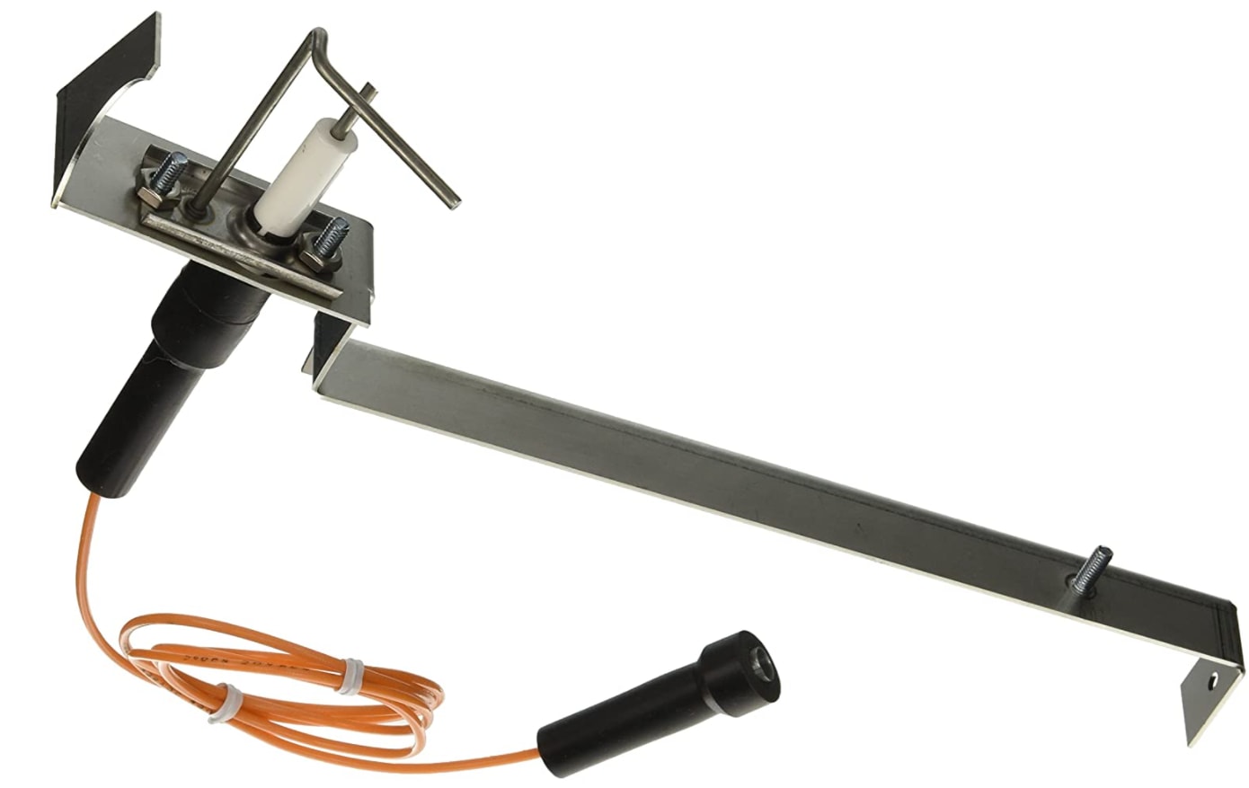 The HAYWARD H-Series Heater Ignitor/Bracket Assembly (HAXIGN1931) features a metal ignitor with attached ceramic electrode, black connector, and orange wire, shown on a white background.