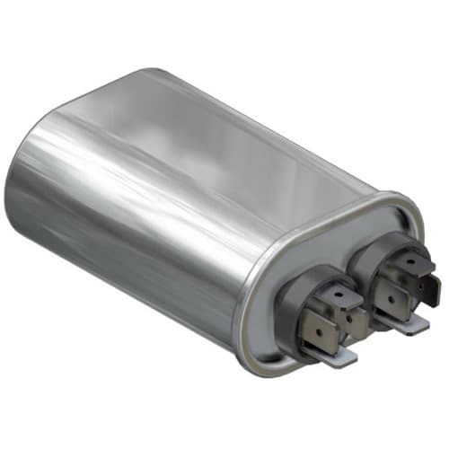 The Hayward HeatPro Fan Run Capacitor 7.5Uf (HPX11024151) by HAYWARD is a metallic cylindrical capacitor with three electrical connectors, typically used in electronic or HVAC systems.