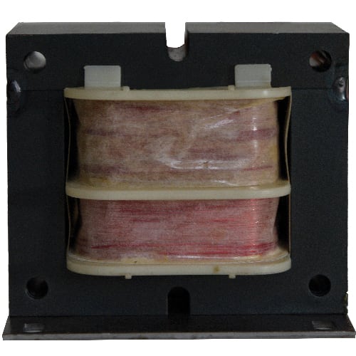 Front view of the Hayward H-Series Heater Transformer 120/240V-24VAC (IDXL2TRF1930) by HAYWARD, showing exposed copper windings and a black metal frame.