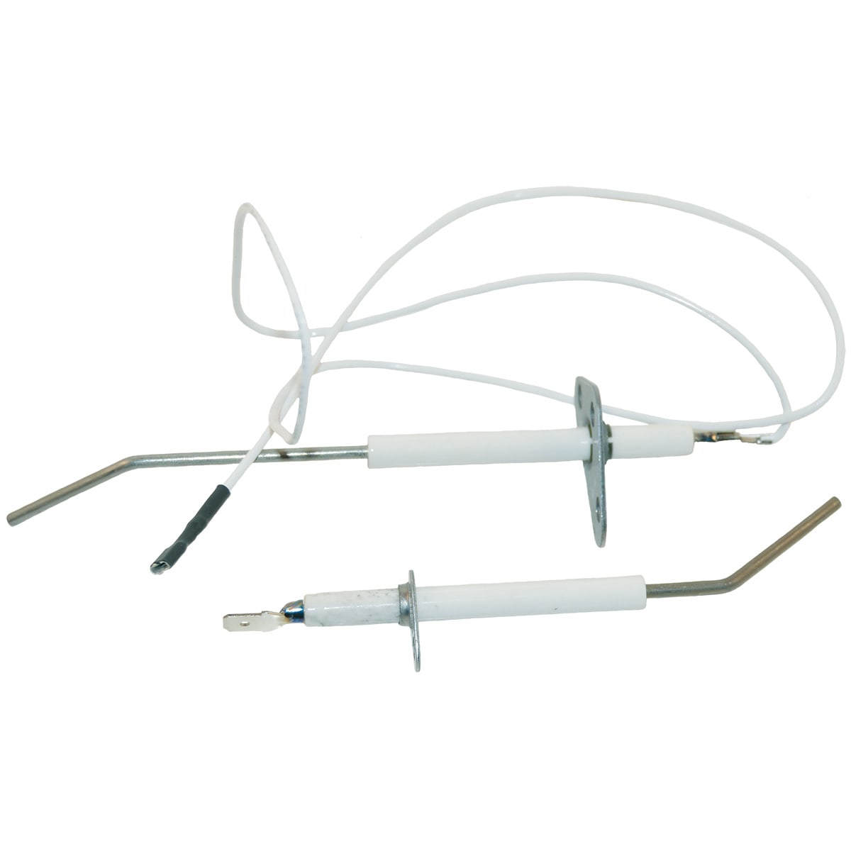 The Hayward H-Series Heater Flame Sensor (IDXLFLS1930) by HAYWARD features two metal electrodes with white ceramic bases, attached wires, bent metal rods, and circular mounting flanges.