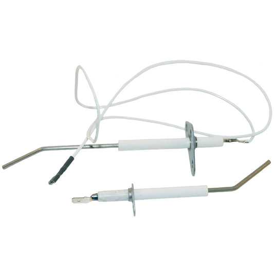 The Hayward H-Series Heater Flame Sensor (IDXLFLS1930) by HAYWARD features two metal electrodes with white ceramic bases, attached wires, bent metal rods, and circular mounting flanges.