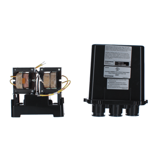 Two electrical components are shown side by side. The left one has open coils, while the right one is a Hayward Junction Box with a 140W Transformer (LTBUY11H14) enclosed in black casing, displaying label details and designed for seamless integration into low voltage systems.