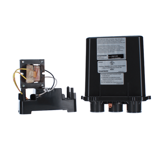 A Hayward 70W Transformer & Junction Box with attached wires stands beside an exposed component featuring coils, integrating seamlessly into a modern system with retrofit kits.