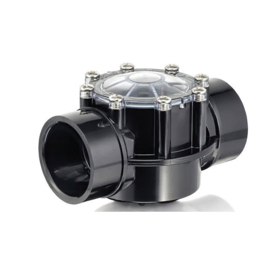 The Hayward 2" X 2.5" PVC Check Valve (PSCV2S2DGR) in dark gray features two pipe connectors and a transparent top secured with metal screws, highlighting its precision and corrosion-resistant design against the white background.