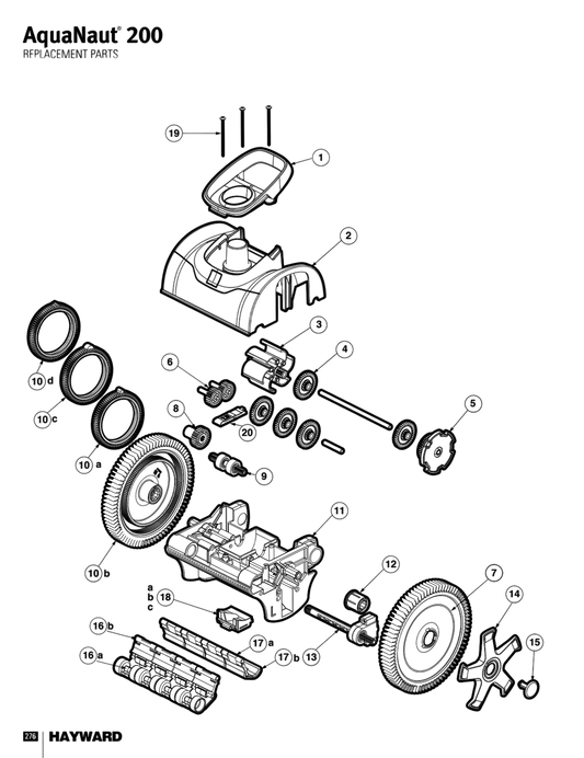 Exploded diagram of Hayward AquaNaut 200 2-Wheel Lower Body (Black, PVX792SA-236) parts by HAYWARD, showing labeled wheels, screws, gears, and housing. Perfect for retail displays or service truck reference.