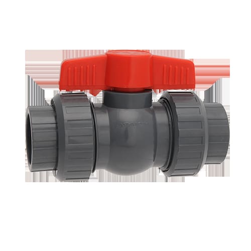 The Hayward QTA 2" True Union Compact PVC Ball Valve, Gray | QTA1020CSEG by HAYWARD boasts a grey plastic body and end connections, with a red T-shaped handle for precise fluid flow control.