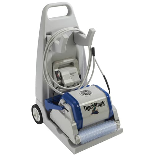 The HAYWARD TigerShark Caddy Cart RC99385 offers exceptional pool cleaning performance, featuring a stylish blue and white design and a coiled power cable on its wheeled cart.